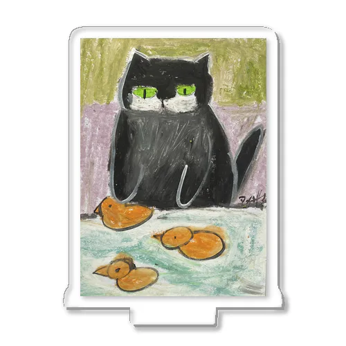 かわいい黒猫がプールで泳いでいるアヒルを楽しそうに見ている アクリルスタンド