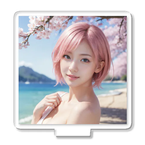 桜と青空と海とピンクの髪の女の子 Acrylic Stand