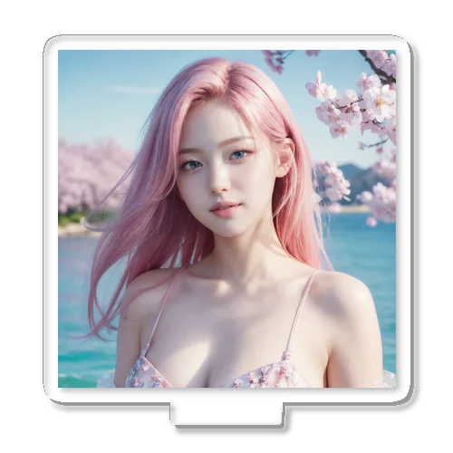 桜と川と青空と、ピンクの髪の女の子 アクリルスタンド
