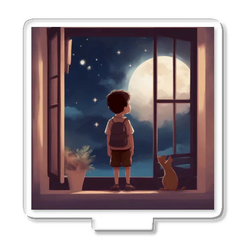 窓の中に立つ少年が、深い夜空を見つめている。 アクリルスタンド