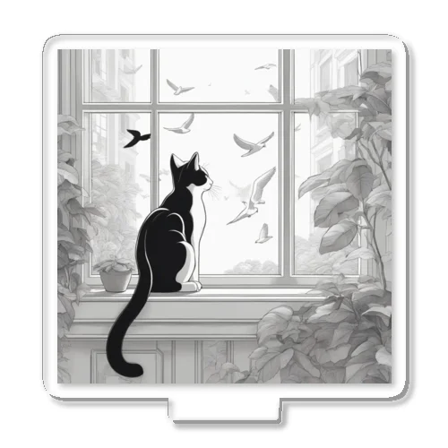 窓辺で鳥を見つめている猫 アクリルスタンド