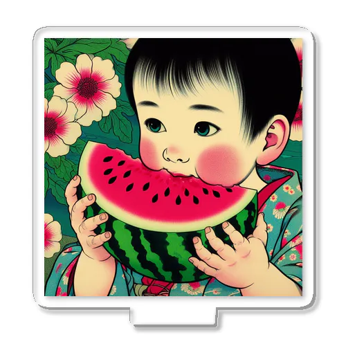 日本の風景:スイカを頬張る子ども、Japanese  scenery:A child stuffing his mouth with watermelon Acrylic Stand