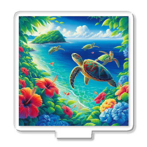 日本の風景:沖縄渡嘉志久ビーチの泳ぐ海がめ、Japanese scenery: Sea turtles swimming at Tokashiki Beach,Okinawa Acrylic Stand