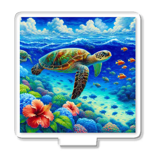 日本の風景:沖縄渡嘉志久ビーチの泳ぐ海がめ、Japanese scenery: Sea turtle swimming at Tokashiki Beach, Okinawa Acrylic Stand