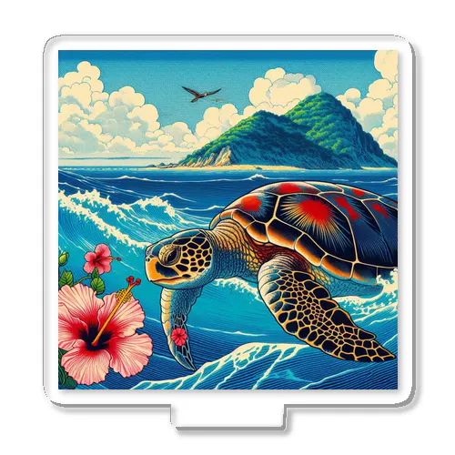 日本の風景:荒波にもまれる海がめ、Japanese scenery: Sea turtle caught in rough waves Acrylic Stand