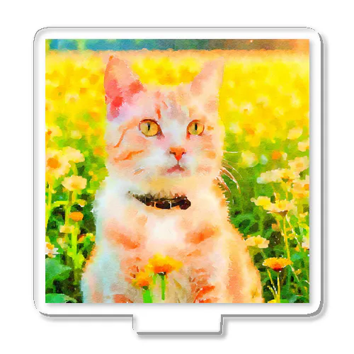 猫の水彩画/花畑のチャシロねこのイラスト/茶白ネコ アクリルスタンド
