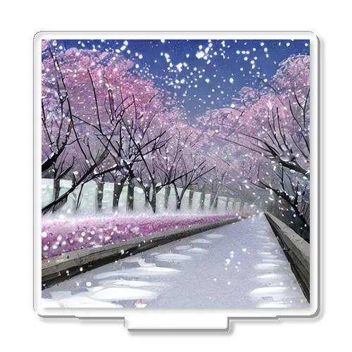 夜の桜並木に雪 Acrylic Stand