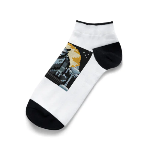 満月を背景に祀られる狼男の像のドット絵 Ankle Socks