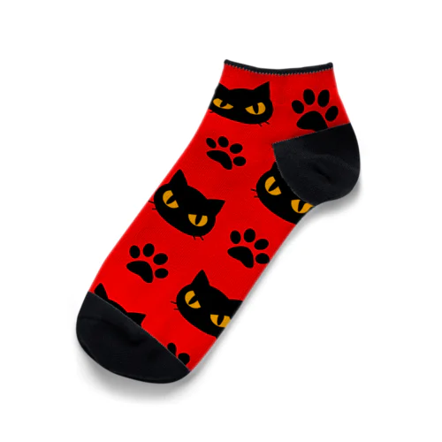 黒猫と足跡赤 Ankle Socks