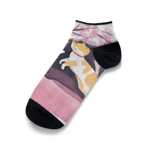 桜で遊ぶ犬と猫 Ankle Socks