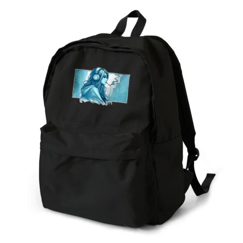 a girl smoking a cigarette. Backpack