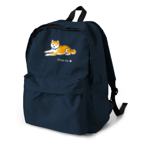 水色の首輪をつけてゆったり座る柴犬のドット絵 Backpack