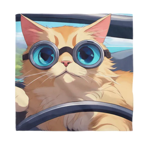 オープンカーでドライブしてる猫 バンダナ