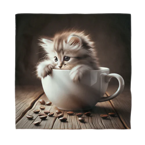 ふわふわ子猫とカフェのおしゃれなコーヒーカップ バンダナ
