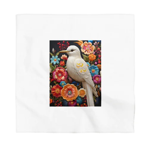 白い鳥さんとお花の刺繍 バンダナ