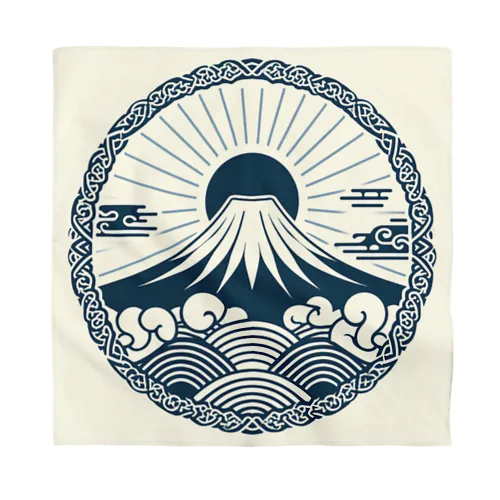 Minimalist Traditional Japanese Motif Featuring Mount Fuji and Seigaiha Patterns バンダナ