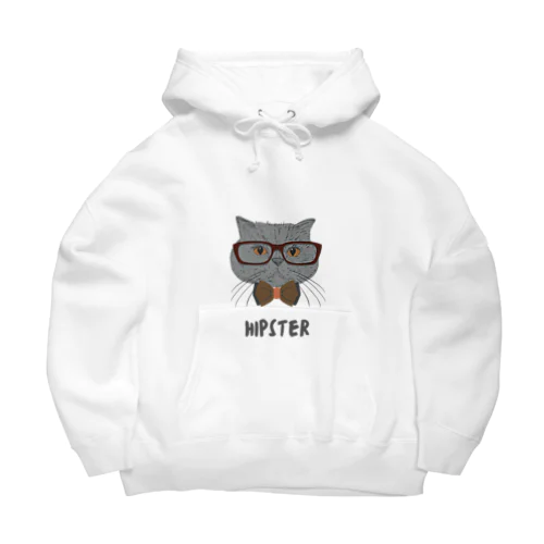 Grey Illustrated Cat Hipster T-Shirt Big Hoodie