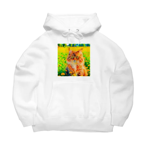 猫の水彩画/花畑のサイベリアンねこのイラスト/キジトラネコ Big Hoodie