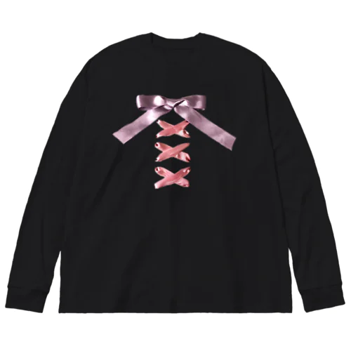 Pink × Lavender Lased-up Ribbon ビッグシルエットロングスリーブTシャツ