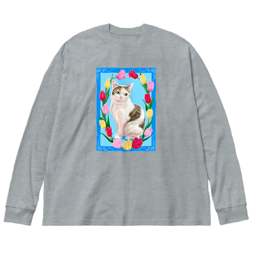 チューリップと猫 ビッグシルエットロングスリーブTシャツ