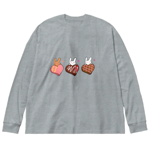 うさぎと桃・ラズベリークランチ・チェックのチョコレート ビッグシルエットロングスリーブTシャツ