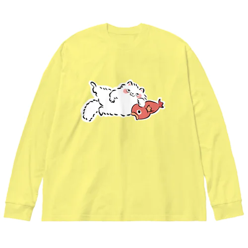 しろねこ（with 魚） ビッグシルエットロングスリーブTシャツ