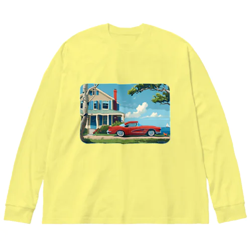 赤いコルベットと海辺の家　－　red corvette and seaside house　－ ビッグシルエットロングスリーブTシャツ