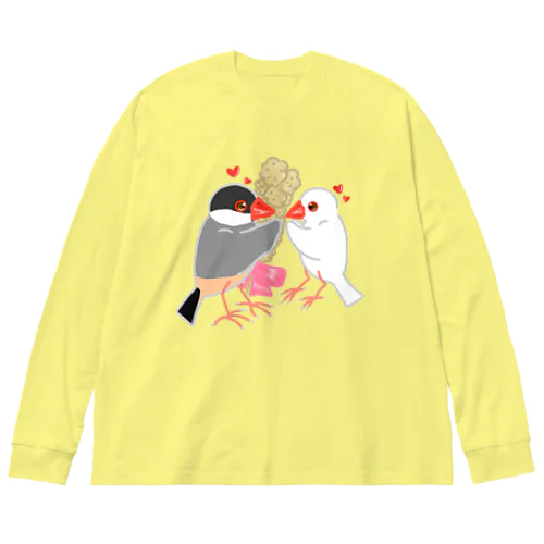 粟穂をプレゼント 桜&白文鳥 ビッグシルエットロングスリーブTシャツ