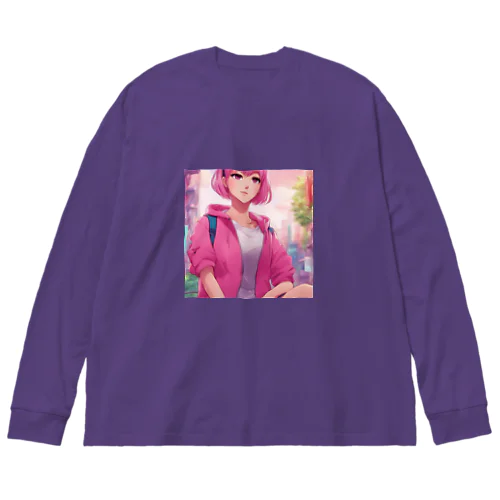 ピンク色のショートヘア女性 Big Long Sleeve T-Shirt