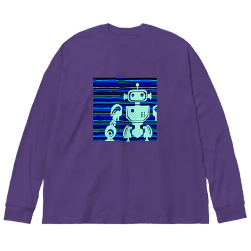 青いボーダー地と水色のレト口なロボットのシルエット Big Long Sleeve T-Shirt