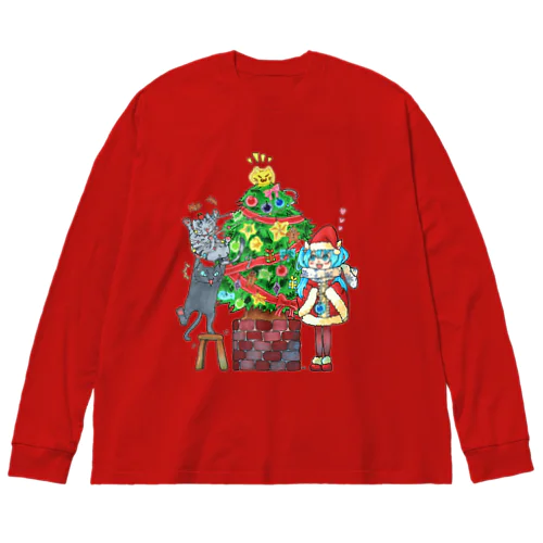 クリスマス🎄私mikuとうちの子２にゃんのX'mas🎄ツリーVer. ビッグシルエットロングスリーブTシャツ