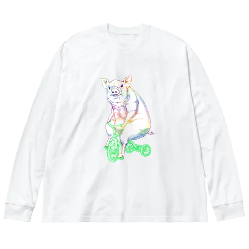 ブタさんon三輪車～レインボーバージョン～ ビッグシルエットロングスリーブTシャツ