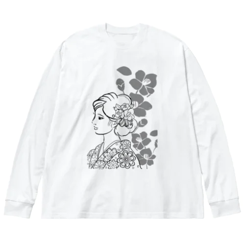 Wabisabiー椿(モノクロ) ビッグシルエットロングスリーブTシャツ