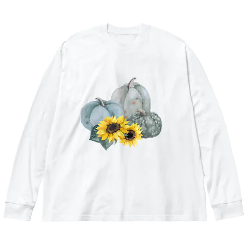 Gray Pumpkins and Sunflowers  灰色 の カボチャ と ひまわり ビッグシルエットロングスリーブTシャツ