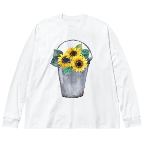 Watering bucket and sunflowers  じょうろ と ひまわり ビッグシルエットロングスリーブTシャツ