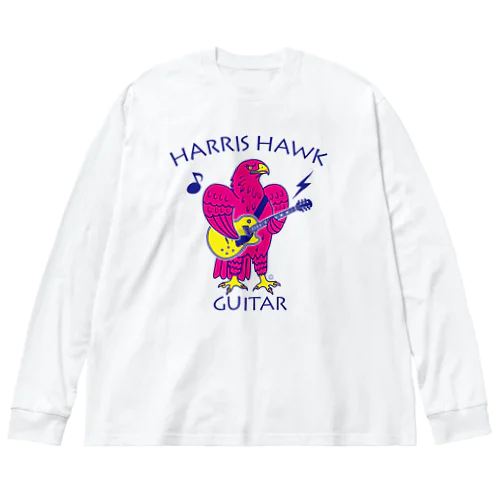 ハリスホーク・ギター・鷲・鷹・ピンク・音楽・モモアカノスリ・なつく・ペット・狩り・Harris Hawk・イラスト・Guitar・絵・鳩よけ・鳥・猛禽・タカ目タカ科・オリジナル作品(C) Big Long Sleeve T-Shirt