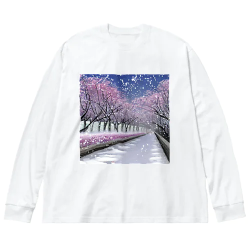 夜の桜並木に雪 Big Long Sleeve T-Shirt