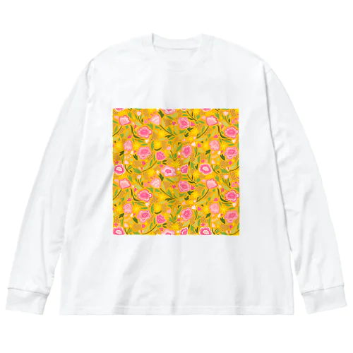 エキゾチックな花柄（黄色／小） ビッグシルエットロングスリーブTシャツ