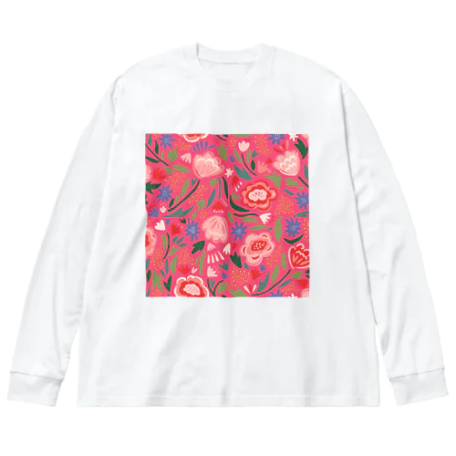 エキゾチックな花柄（ピンク） ビッグシルエットロングスリーブTシャツ