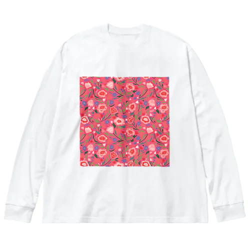 エキゾチックな花柄（ピンク／小） ビッグシルエットロングスリーブTシャツ