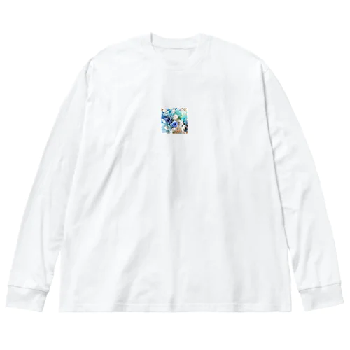 マリンブルーのおしゃれな花柄 Big Long Sleeve T-Shirt