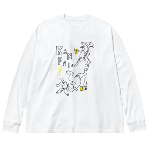 名画 × BEER（鳥獣戯画）ロゴ賑やかver.黒線画 Big Long Sleeve T-Shirt