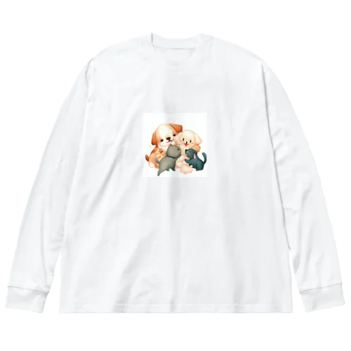 猫と犬のじゃれあい ビッグシルエットロングスリーブTシャツ