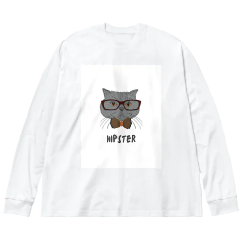 Grey Illustrated Cat Hipster T-Shirt ビッグシルエットロングスリーブTシャツ