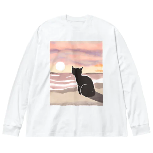 海と夕陽と猫 ビッグシルエットロングスリーブTシャツ