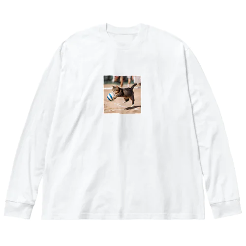 バレーボールをする猫 ビッグシルエットロングスリーブTシャツ