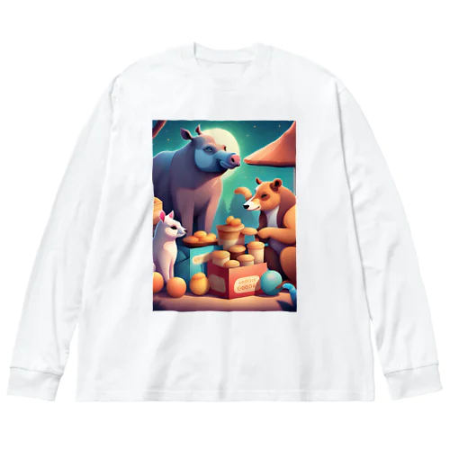 夜空の下で食卓を囲む動物たち Big Long Sleeve T-Shirt