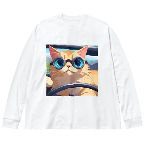 オープンカーでドライブしてる猫 ビッグシルエットロングスリーブTシャツ