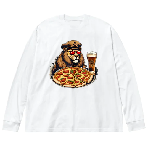 軍曹ライオンが愛するビールとピザ ビッグシルエットロングスリーブTシャツ