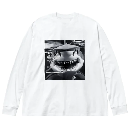 怖いサメの顔 ビッグシルエットロングスリーブTシャツ